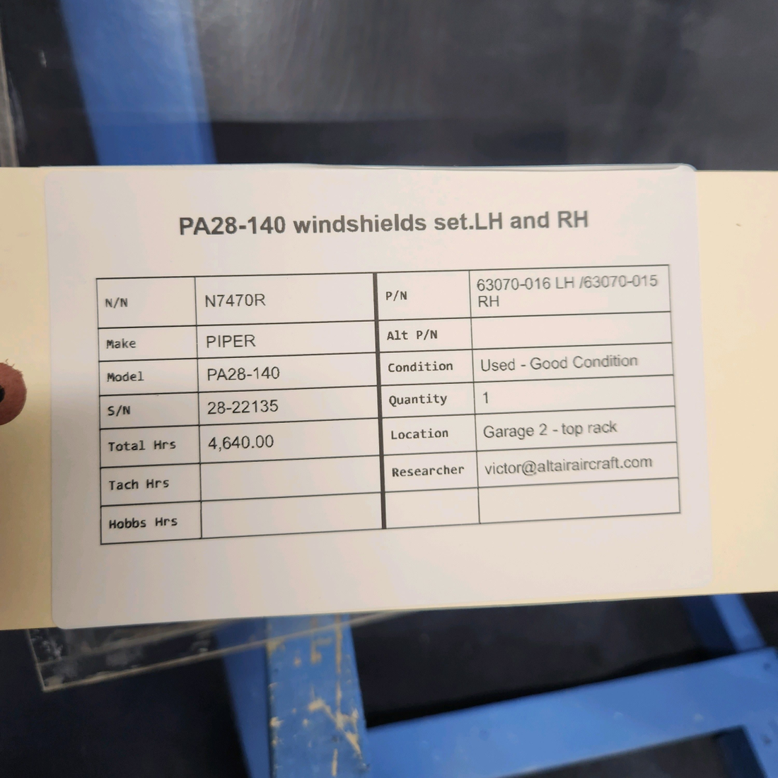 Used aircraft parts for sale, 63070-016 LH /63070-015 RH PIPER PA28-140 PA28-140 WINDSHIELDS SET.LH AND RH