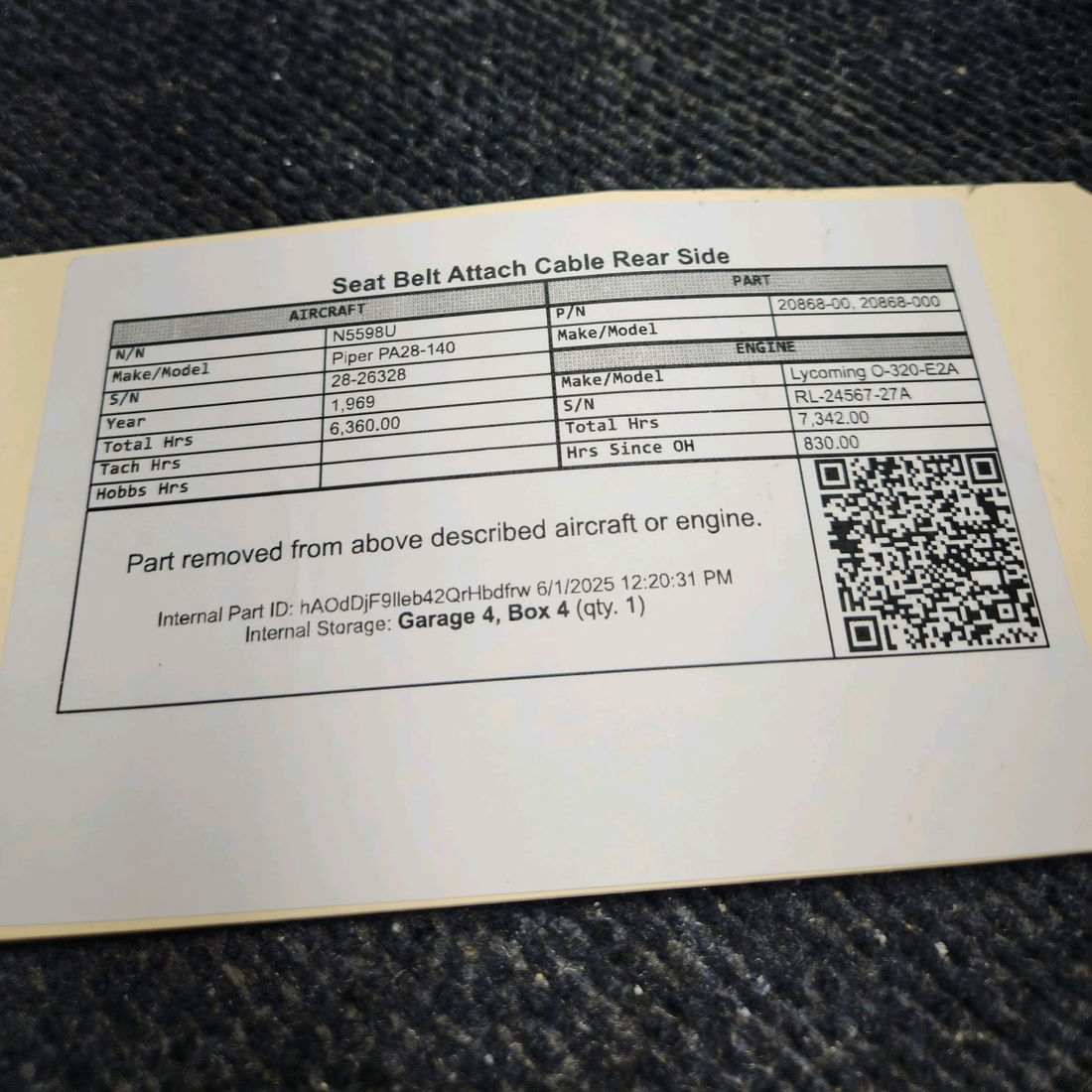 Used aircraft parts for sale, 20868-00 Piper PA28-140 Seat Belt Attach Cable Rear Side