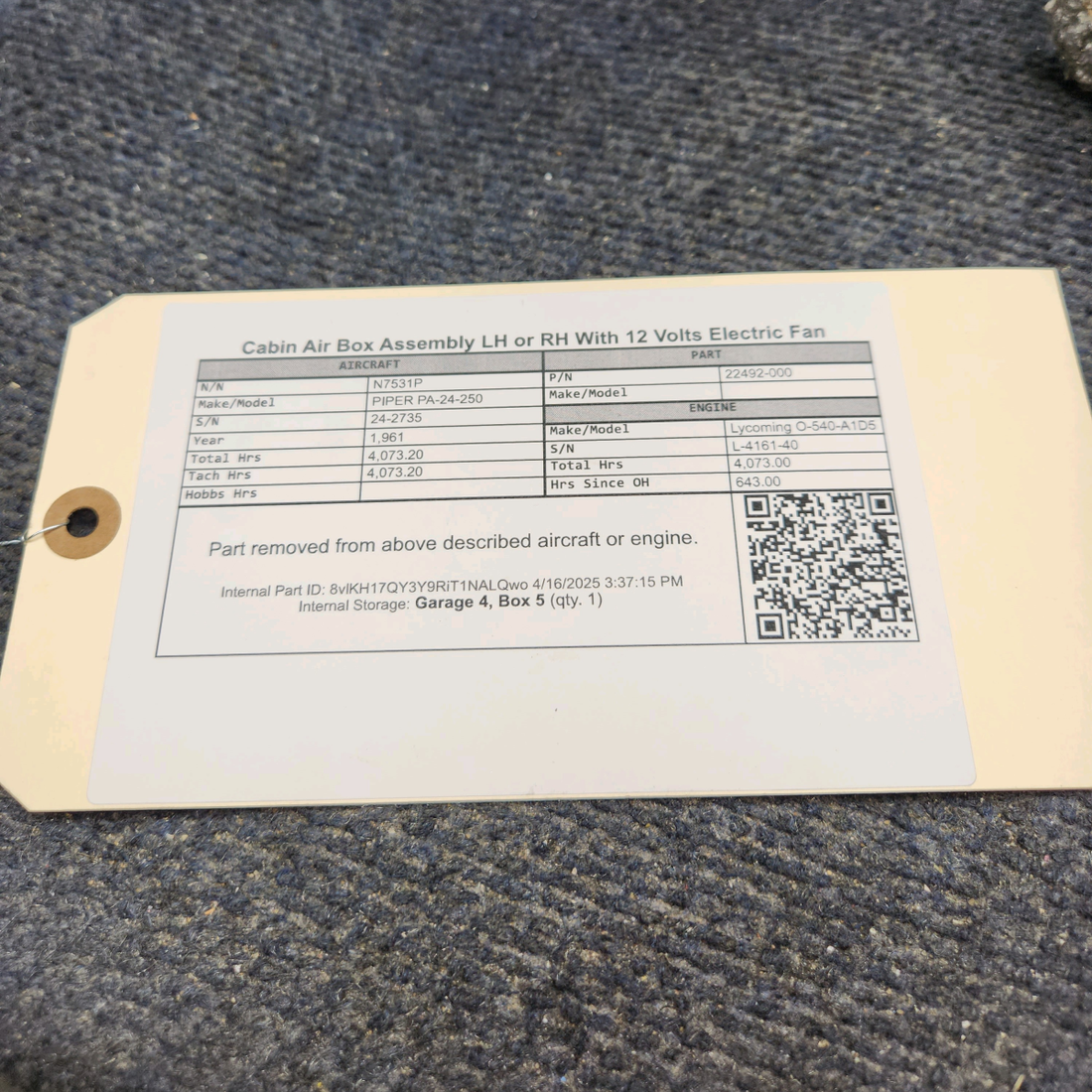 Used aircraft parts for sale, 22492-000 PIPER PA-24-250 Cabin Air Box Assembly LH or RH With 12 Volts Electric Fan
