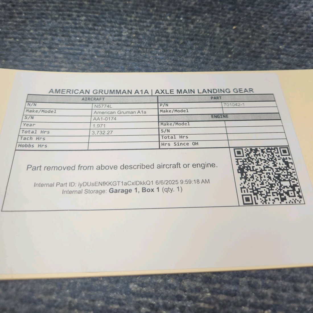 Used aircraft parts for sale, 701042-1 American Gruman A1A AXLE MAIN LANDING GEAR