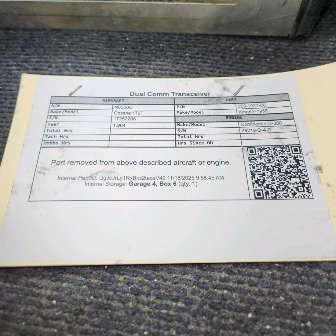 Used aircraft parts for sale, 069-1021-00 King KY-195B Cessna 172F Dual Comm Transceiver