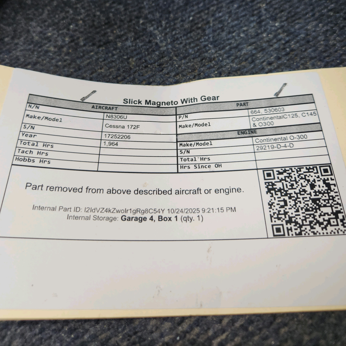 Used aircraft parts for sale, 664, 530603 Continental C125, C145 & O300 Cessna 172F Slick Magneto With Gear