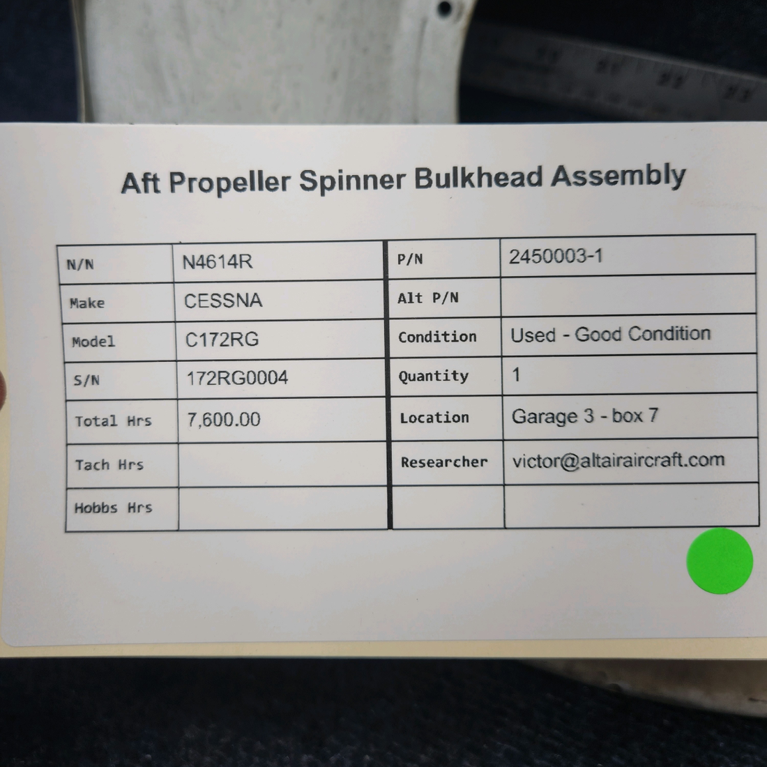 Used aircraft parts for sale, 2450003-1 CESSNA C172RG AFT PROPELLER SPINNER BULKHEAD ASSEMBLY