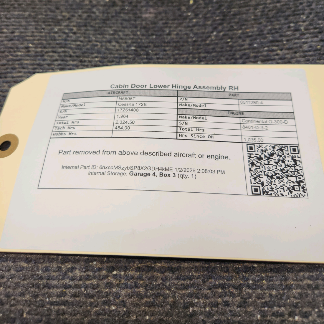 Used aircraft parts for sale, 0511280-4 Cessna 172E Cabin Door Lower Hinge Assembly RH