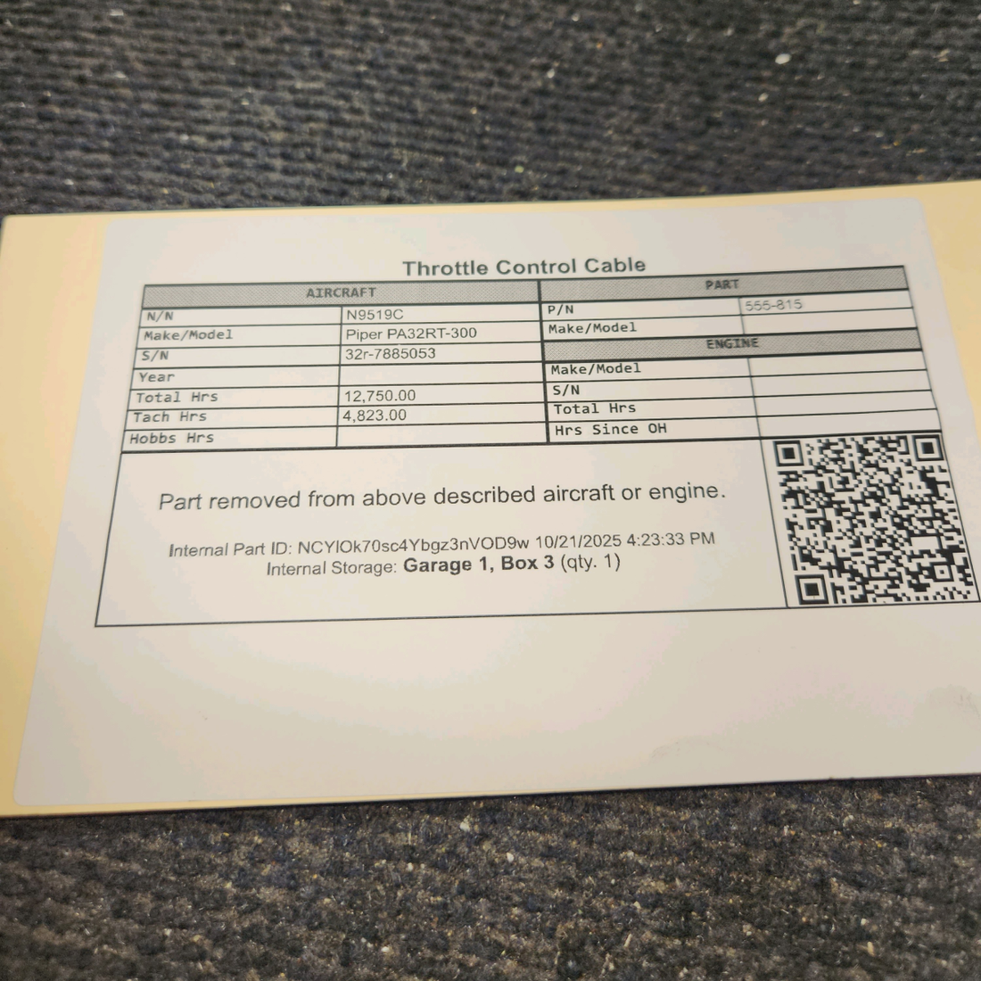 Used aircraft parts for sale, 555-815 Piper PA32RT-300 Throttle Control Cable (114" long)