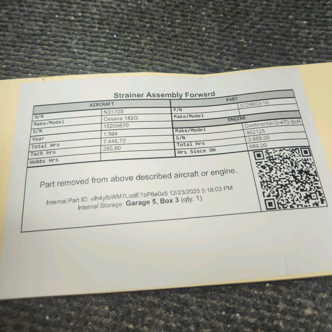 Used aircraft parts for sale, 0726603-16 Cessna 182G Strainer Assembly Forward