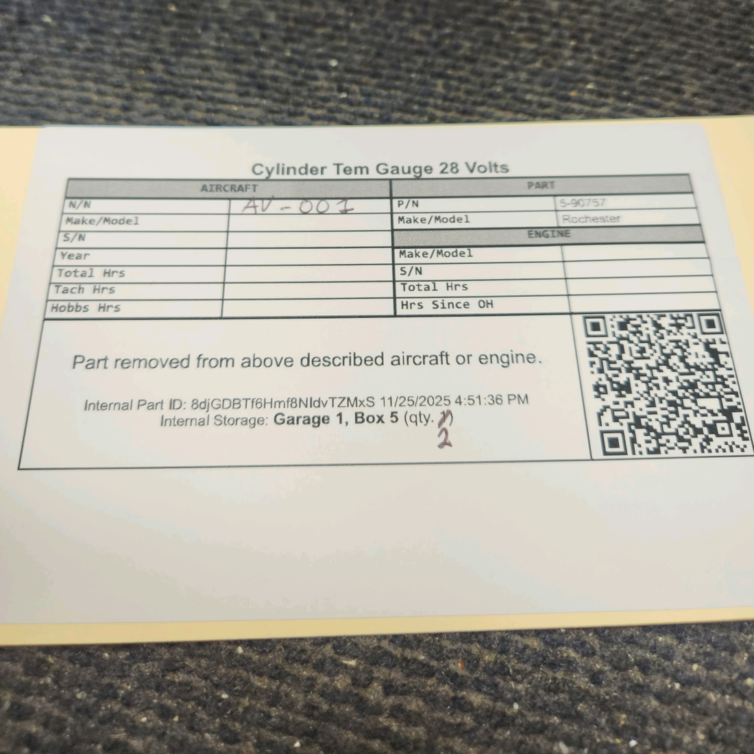 Used aircraft parts for sale, 5-90757 Rochester Piper PA-28RT-201 Cylinder Temp Gauge