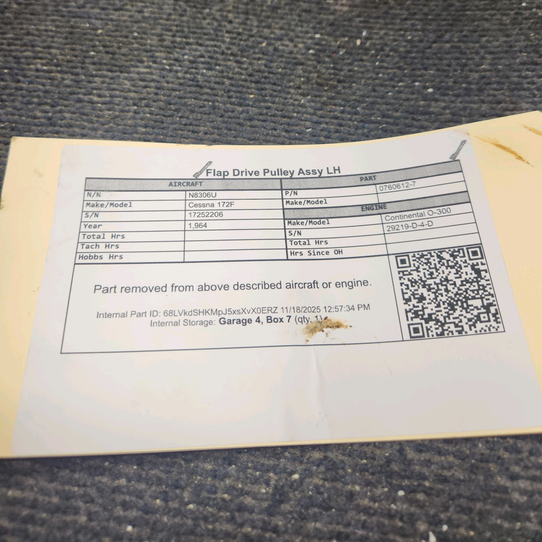 Used aircraft parts for sale, 0760612-7 Cessna 172F Flap Drive Pulley Assy - LH