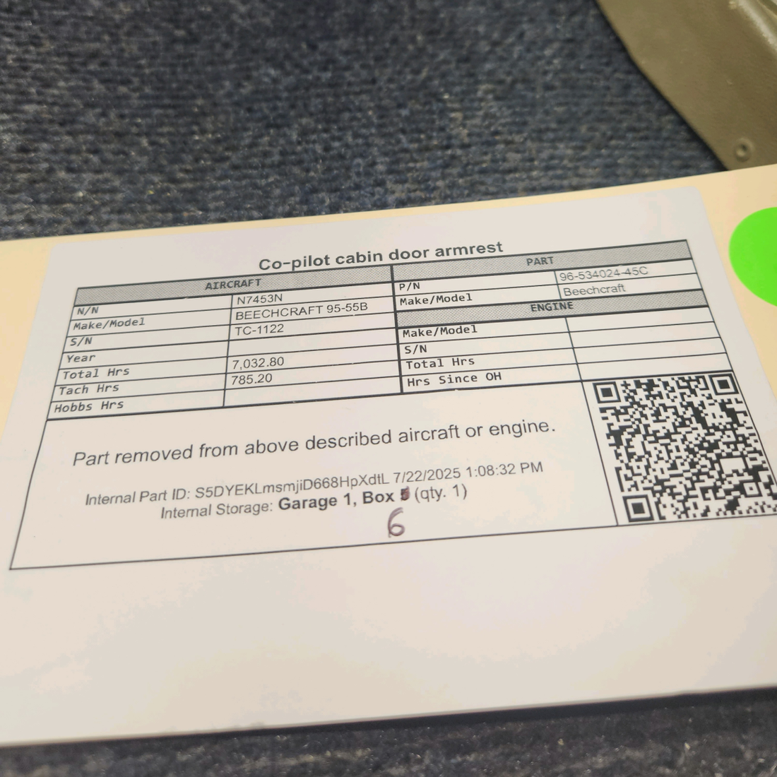 Used aircraft parts for sale, 96-534024-45C BEECHCRAFT 95-55B Co-Pilot Cabin Door Armrest