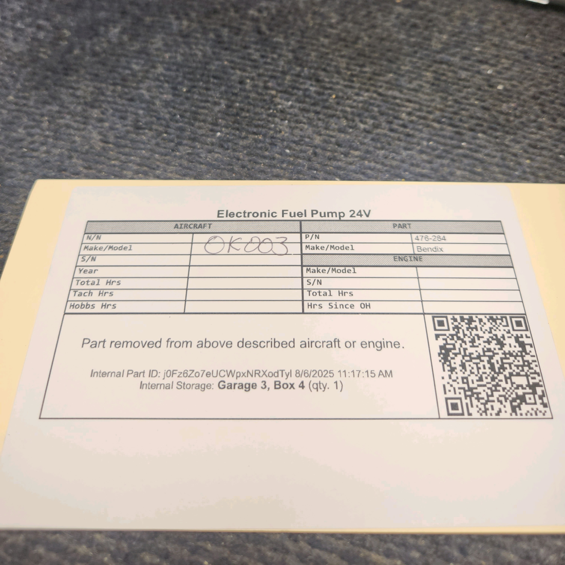 Used aircraft parts for sale, 476-284 Bendix Electronic Fuel Pump 24V