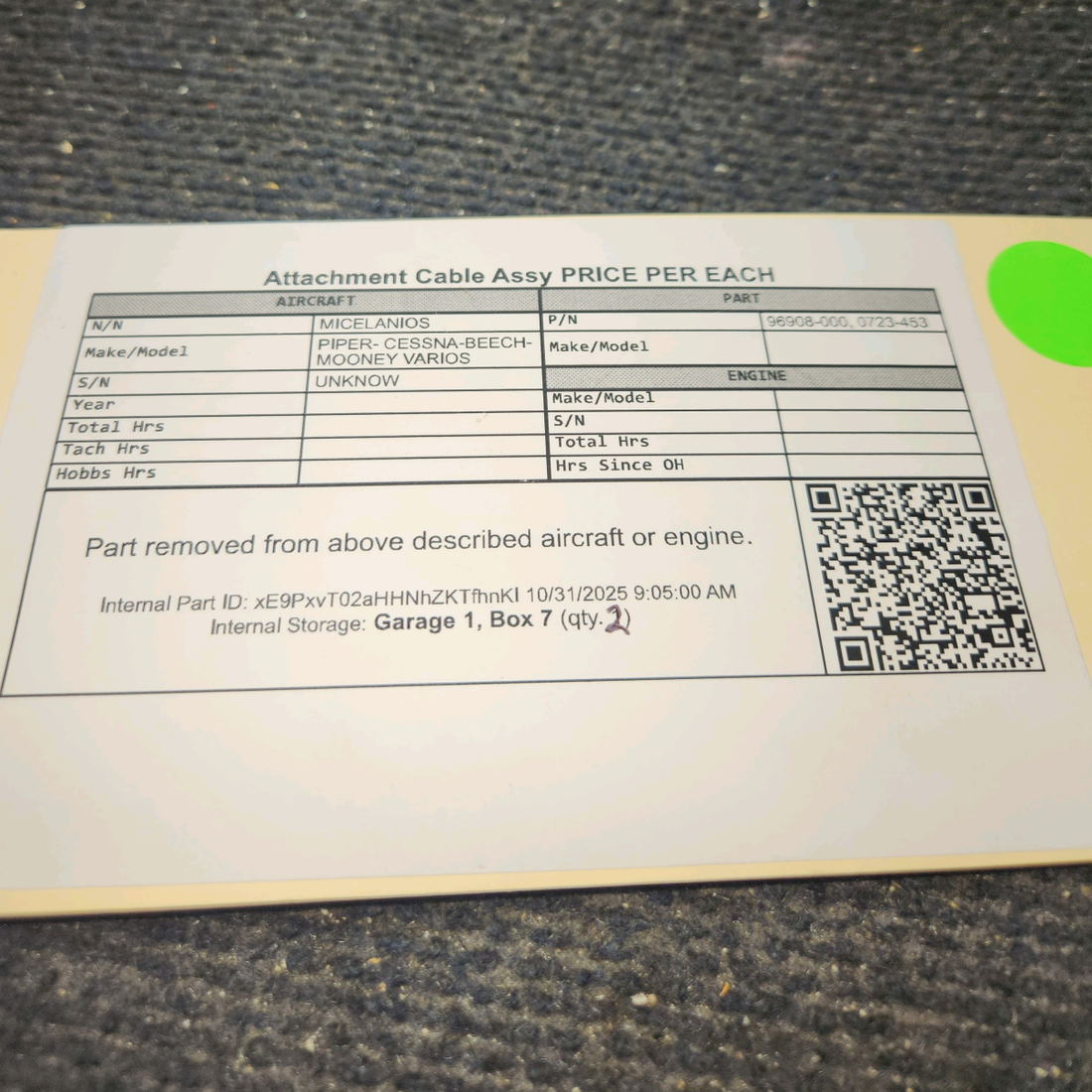 Used aircraft parts for sale, 96908-000 Attachment Cable Assy PRICE PER EACH