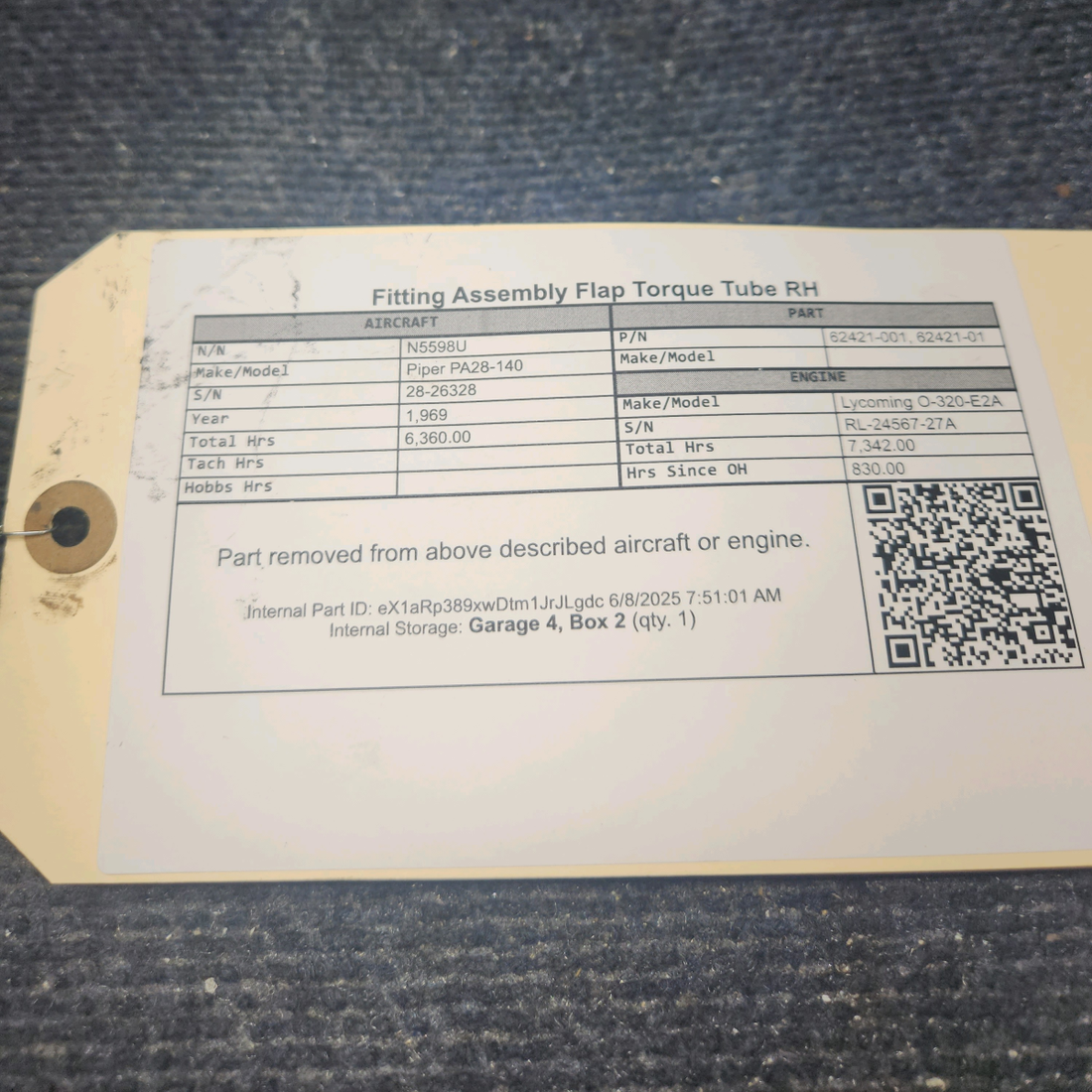 Used aircraft parts for sale, 62421-001 Piper PA28-140 Fitting Assembly Flap Torque Tube RH