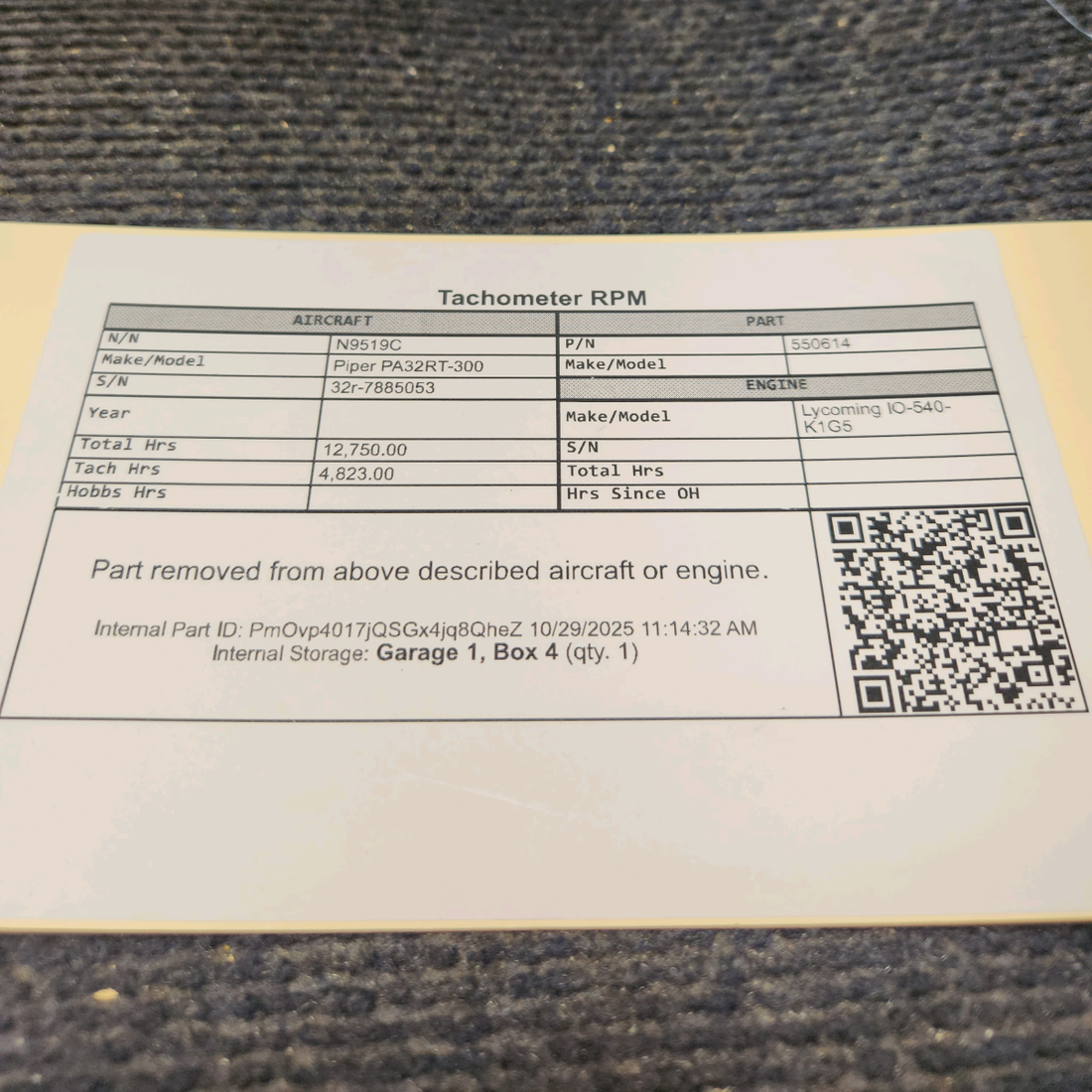 Used aircraft parts for sale, 550-614 Piper PA32RT-300 Tachometer RPM