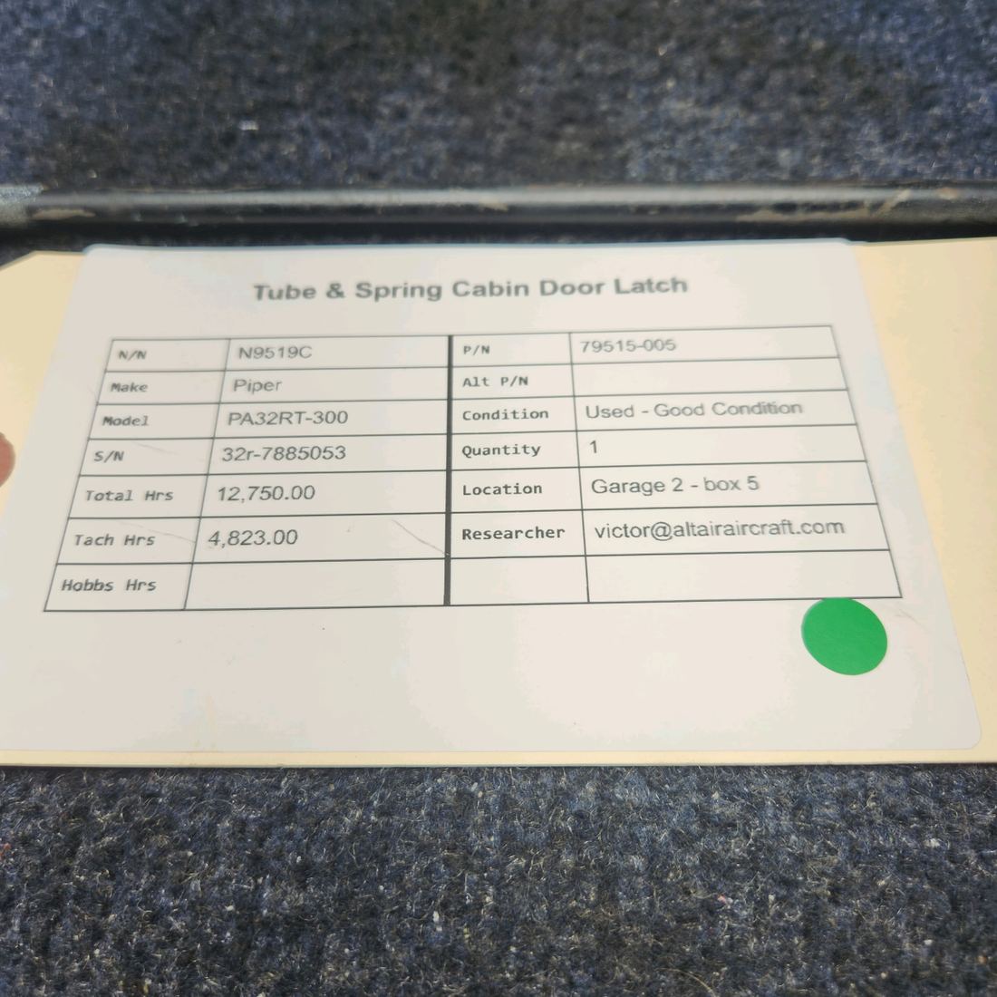 Used aircraft parts for sale, 79515-005 Piper PA32RT-300 TUBE & SPRING CABIN DOOR LATCH