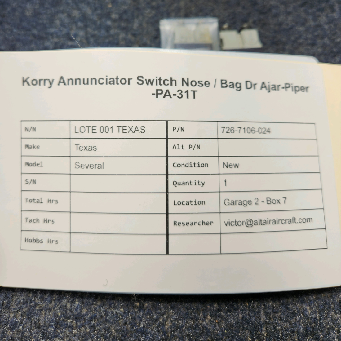 Used aircraft parts for sale, 726-7106-024 Piper  [part_model] Texas Several KORRY NOSE BAGGAGE DOOR ANNUNCIATOR SWITCH