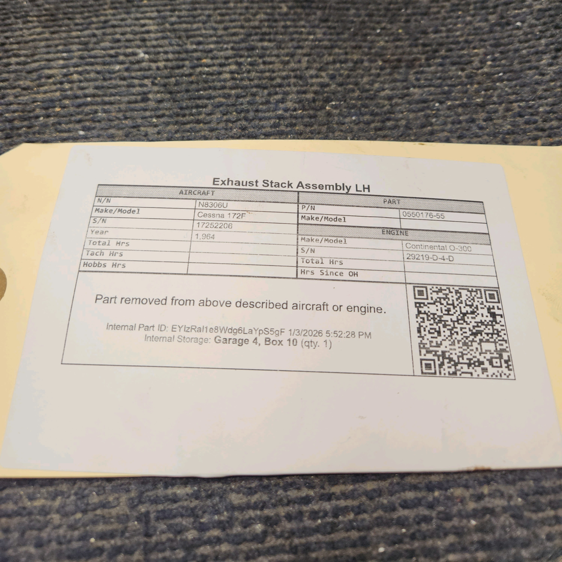 Used aircraft parts for sale, 0550176-55 Cessna 172F Exhaust Stack Assembly LH