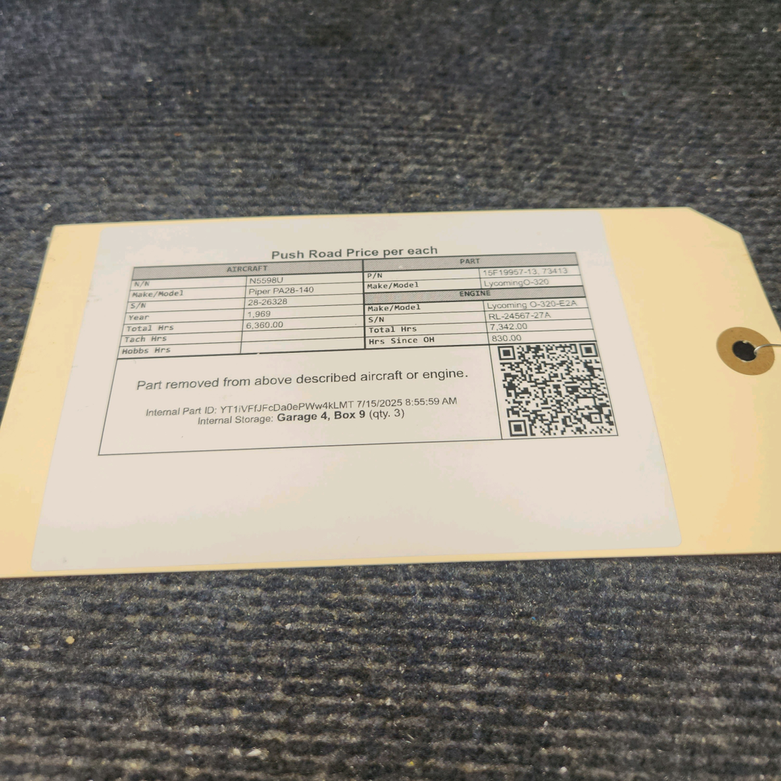 Used aircraft parts for sale, 15F19957-13 Lycoming O-320 Piper PA28-140 Push Rod – Price per Each