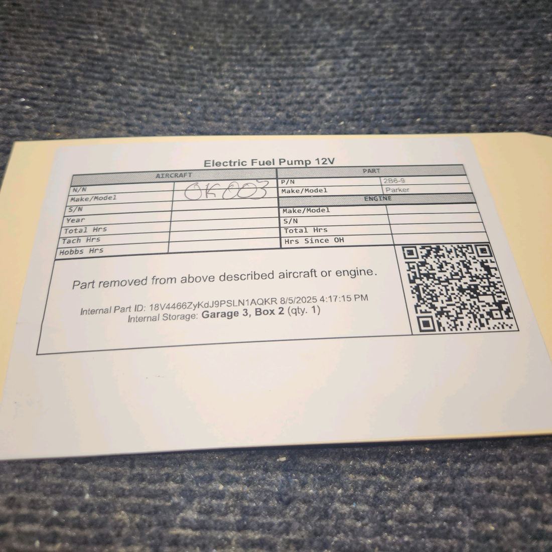 Used aircraft parts for sale, 2B6-9 Airborne Electric Fuel Pump 12V