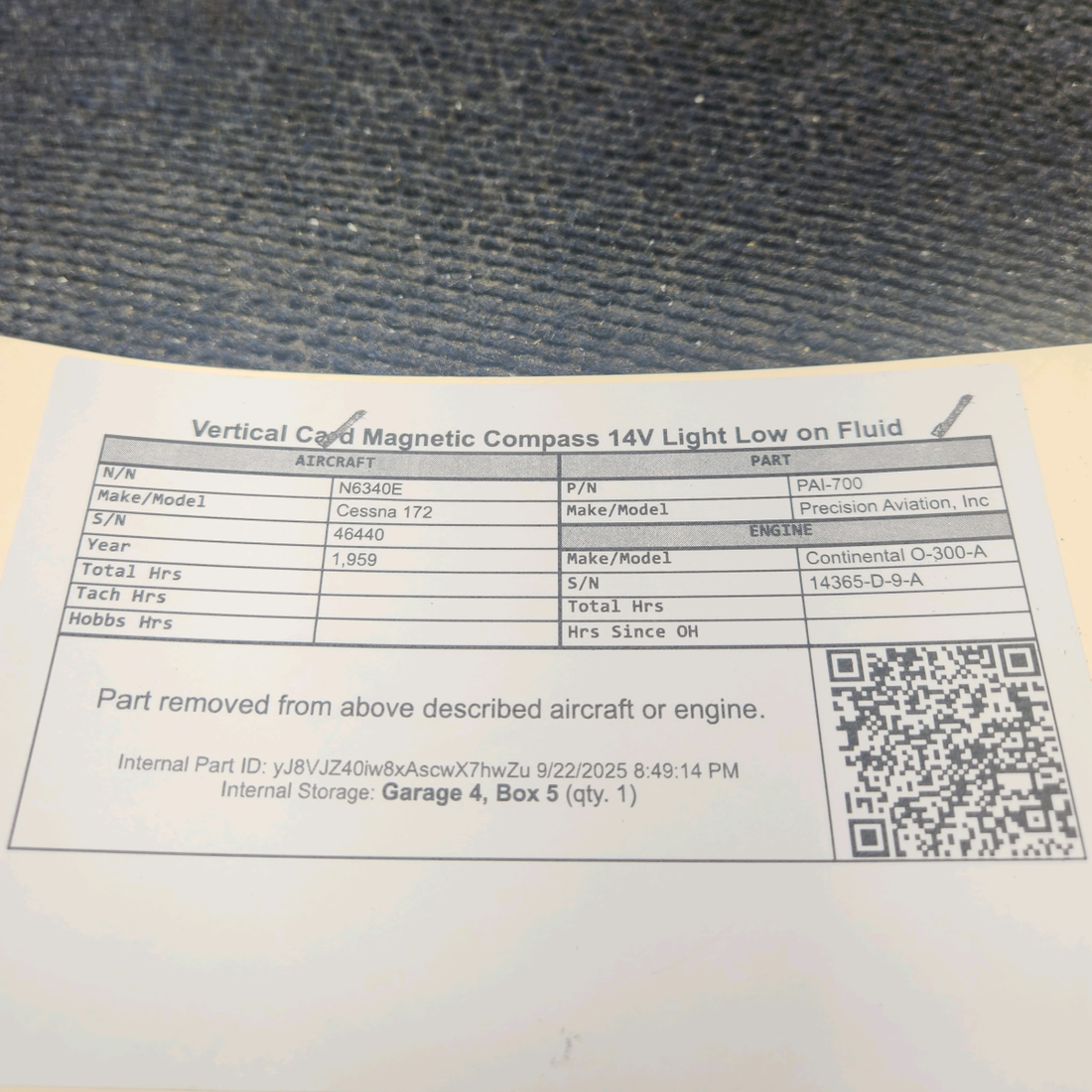 Used aircraft parts for sale, PAI-700 Precision Aviation, Inc Cessna 172 Vertical Card Magnetic Compass 14V Light Low on Fluid