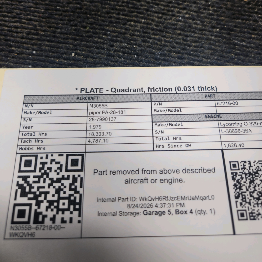 Used aircraft parts for sale, 67218-000 piper PA-28-181 Quadrant Friction Plate (0.031 Thick)