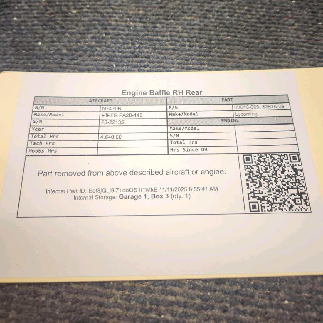 Used aircraft parts for sale, 63616-009 Lycoming PIPER PA28-140 Rear Engine Baffle - RH