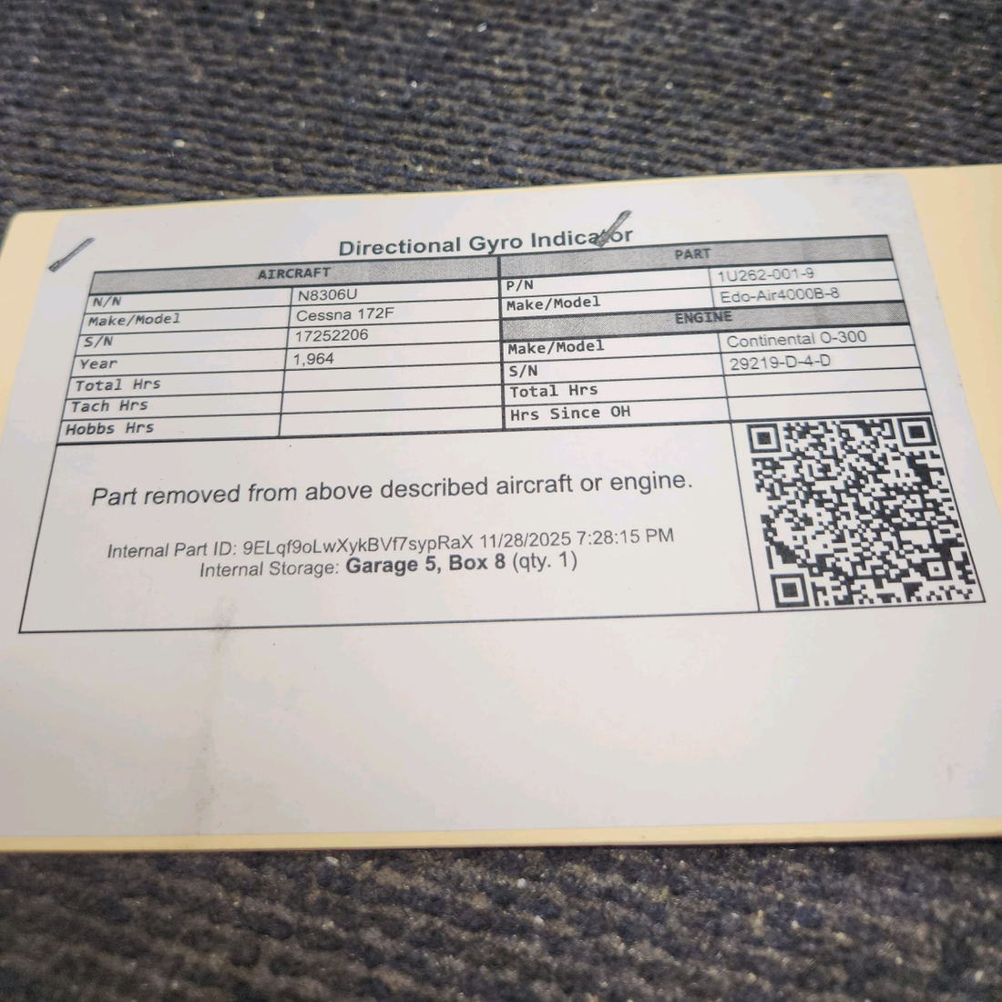 Used aircraft parts for sale, 1U262-001-9 Edo-Air 4000B-8 Cessna 172F Directional Gyro Indicator