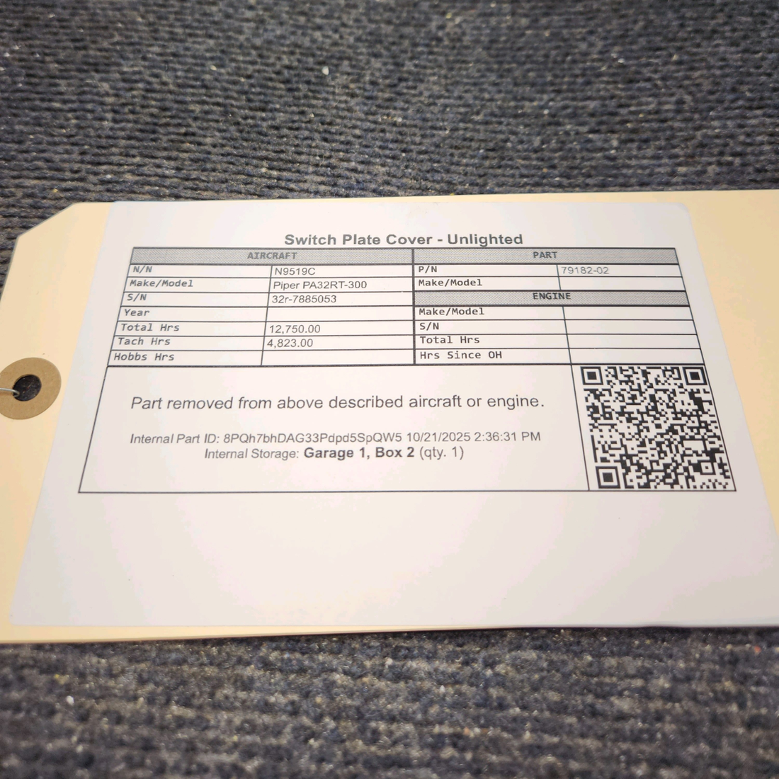 Used aircraft parts for sale, 79182-02 Piper PA32RT-300 Unlighted Switch Plate Cover