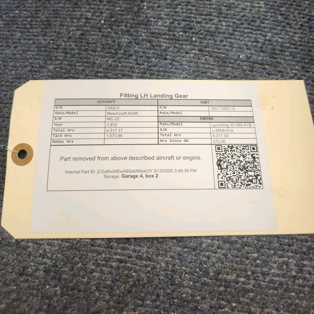 Used aircraft parts for sale, 169-110021-9 Beechcraft A24R Landing Gear Fitting LH