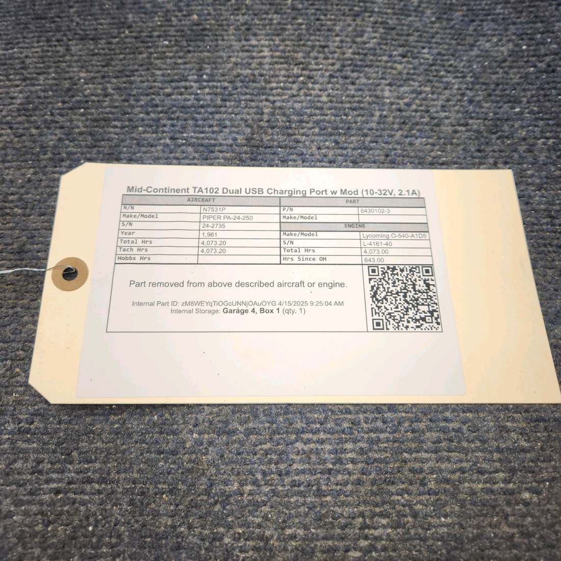 Used aircraft parts for sale, 6430102-3 Mid-Continent TA102 PIPER PA-24-250 Dual USB Charging Port w Mod (10-32V, 2.1A)