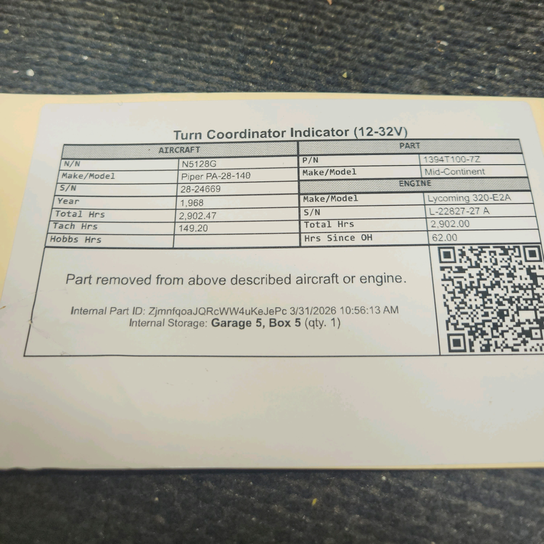 Used aircraft parts for sale, 1394T100-7Z Mid-Continent Piper PA-28-140 Turn Coordinator Indicator (12-32V)