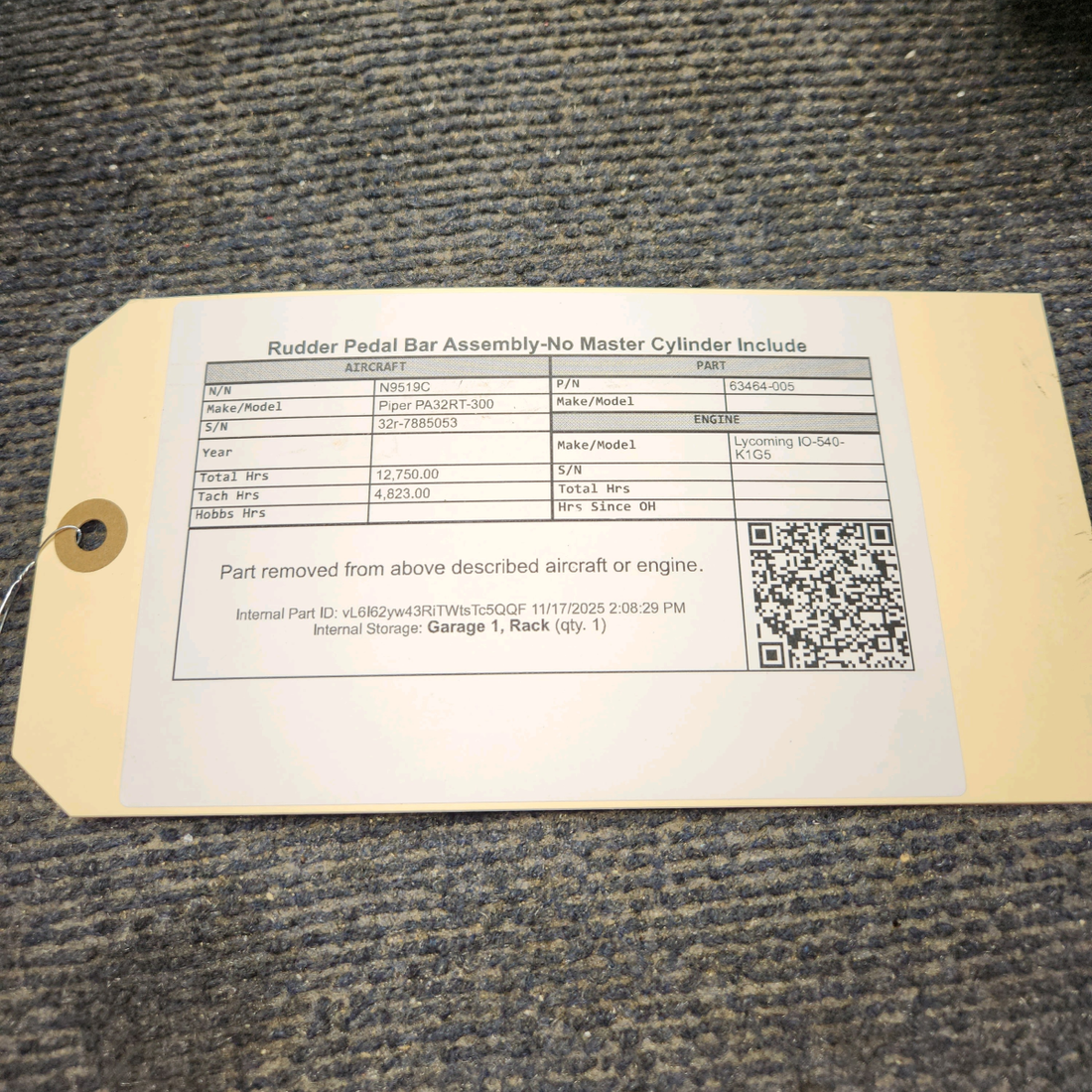 Used aircraft parts for sale, 63464-005 Piper PA32RT-300 Rudder Pedal Bar Assembly-No Master Cylinder Included