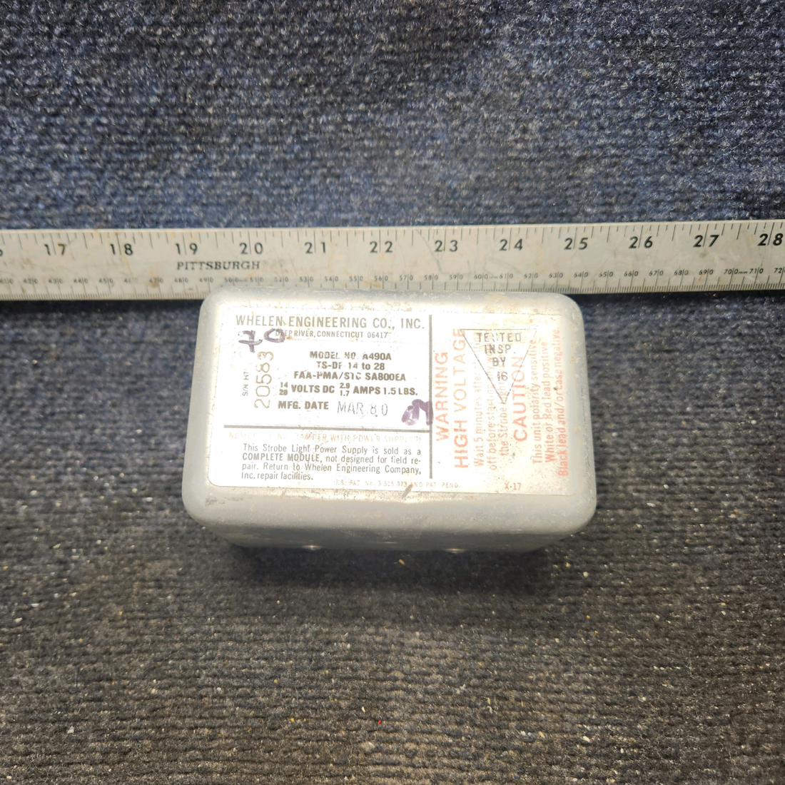 Used aircraft parts for sale, A490A, TS-DF-14 to 28 Whelen A490A Strobe Light Power Supply (14-28V)