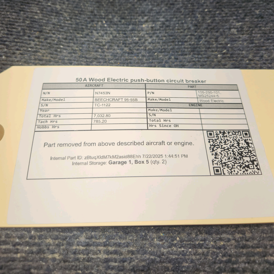 Used aircraft parts for sale, 105-250-101 Wood Electric BEECHCRAFT 95-55B Push-Button Circuit Breaker