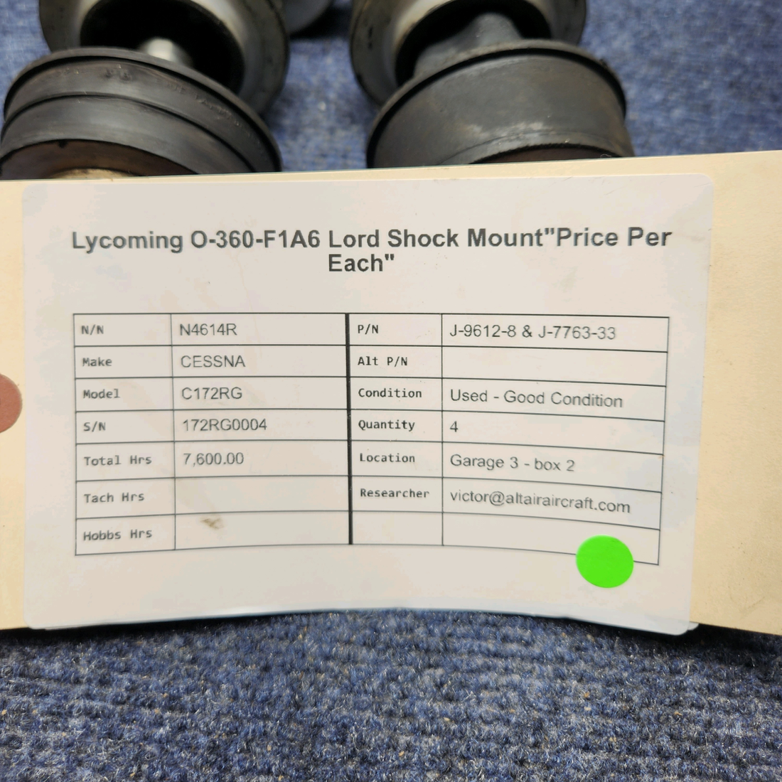 Used aircraft parts for sale, J-9612-8 & J-7763-33 CESSNA C172RG LYCOMING O-360-F1A6 LORD SHOCK MOUNT"PRICE PER EACH"