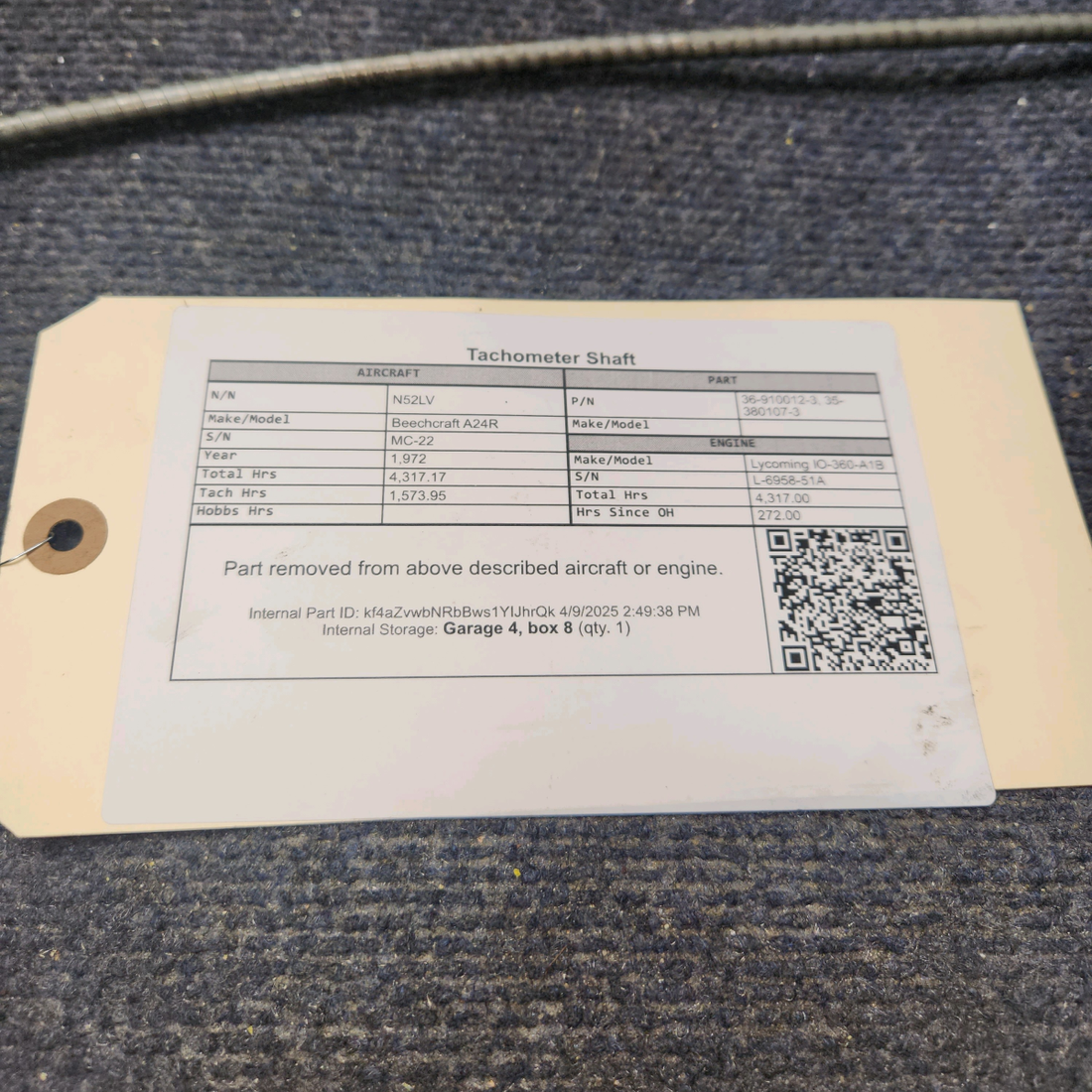 Used aircraft parts for sale, 36-910012-3 Beechcraft A24R Tachometer Shaft