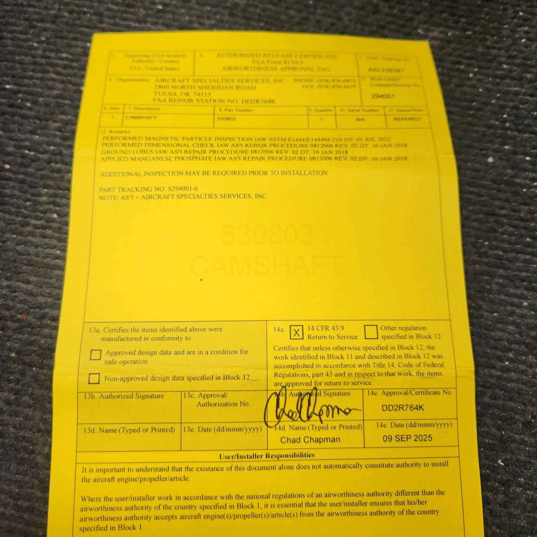 Used aircraft parts for sale, 530803 Continental O-300D Cessna 172F Camshaft