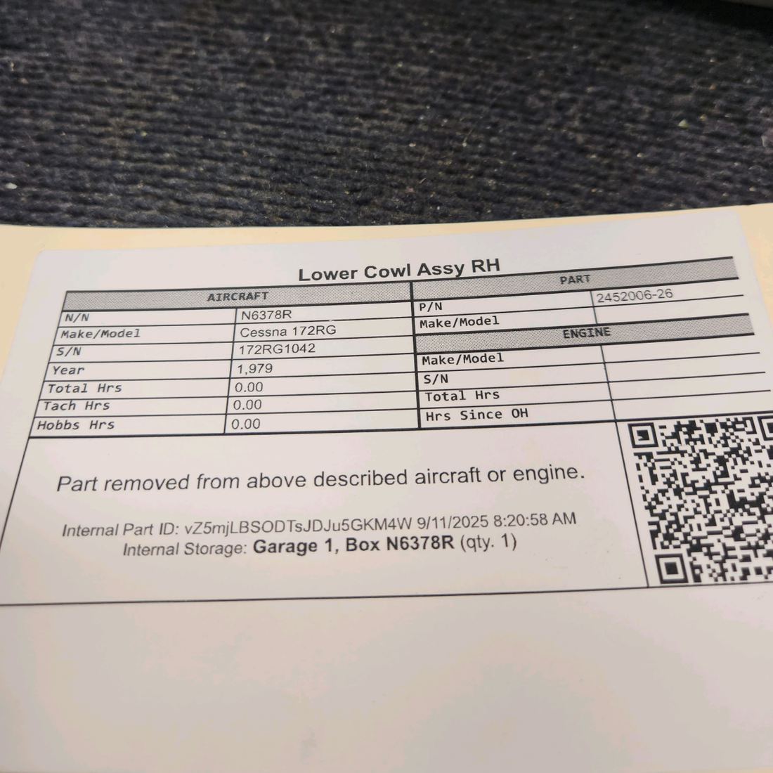 Used aircraft parts for sale, 2452006-26 Cessna 172RG Lower Cowl Assy - RH