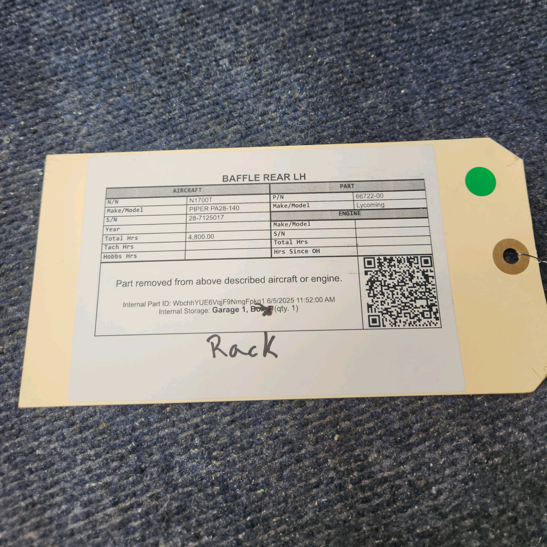 Used aircraft parts for sale, 66722-00 Lycoming O-320 PIPER PA28-140 Rear Baffle - LH