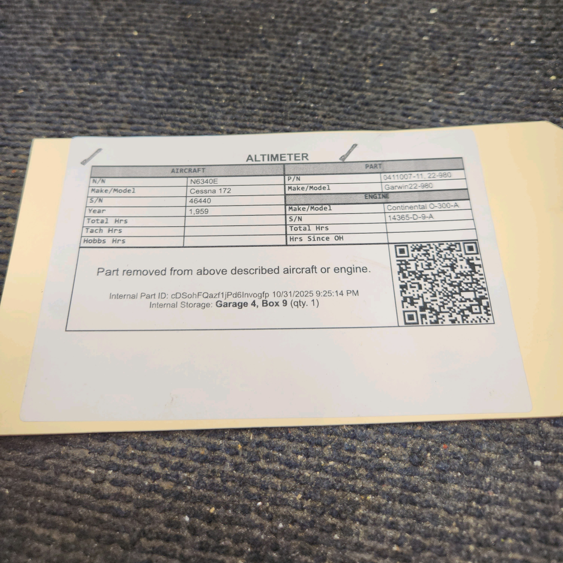 Used aircraft parts for sale, 0411007-11 Garwin 22-980 Cessna 172 Altimeter