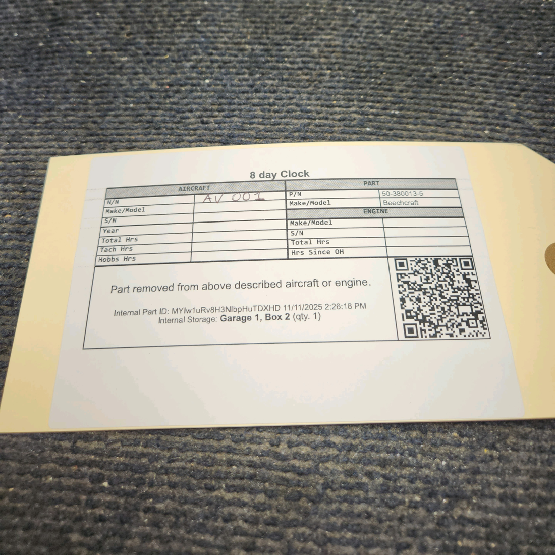 Used aircraft parts for sale, 50-380013-5 Beechcraft 95-B55 8 day Clock