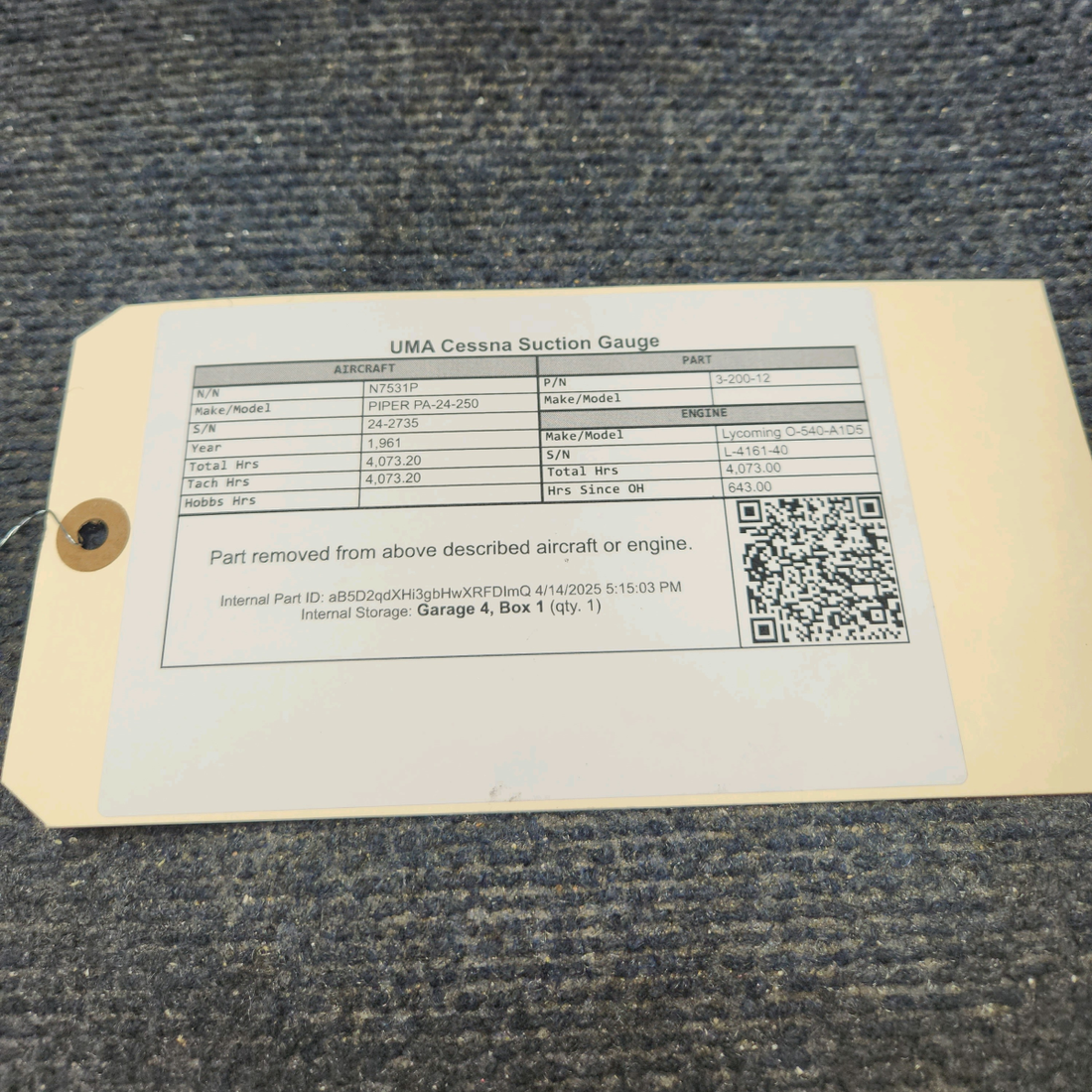 Used aircraft parts for sale, 3-200-12 PIPER PA-24-250 UMA Cessna Suction Gauge