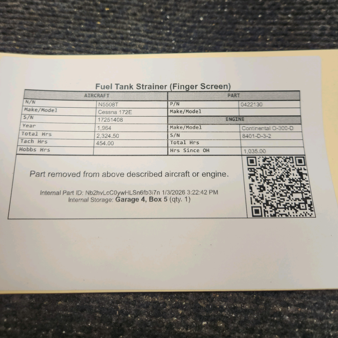 Used aircraft parts for sale, 0422130 Cessna 172E Fuel Tank Strainer (Finger Screen)