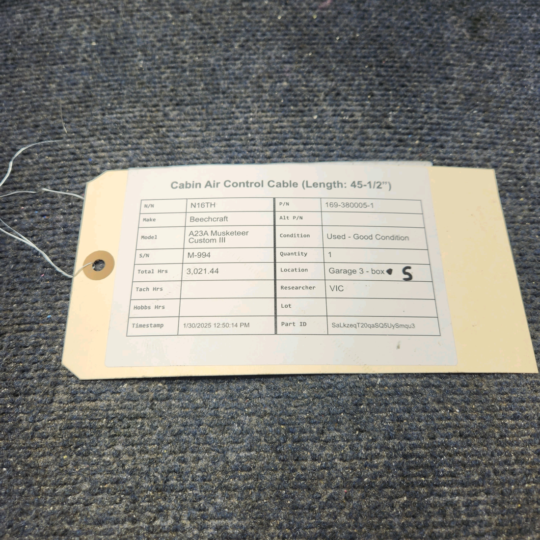 Used aircraft parts for sale, 169-380005-1 Beechcraft A23A Musketeer Custom III CABIN AIR CONTROL CABLE (LENGTH: 45-1/2”)