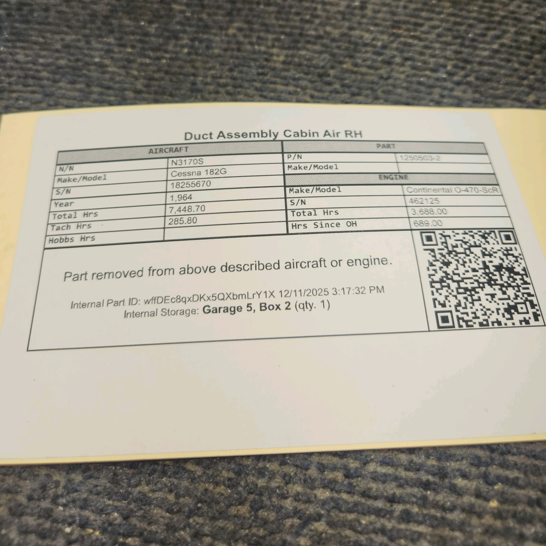 Used aircraft parts for sale, 1250503-2 Cessna 182G Duct Assembly Cabin Air - RH