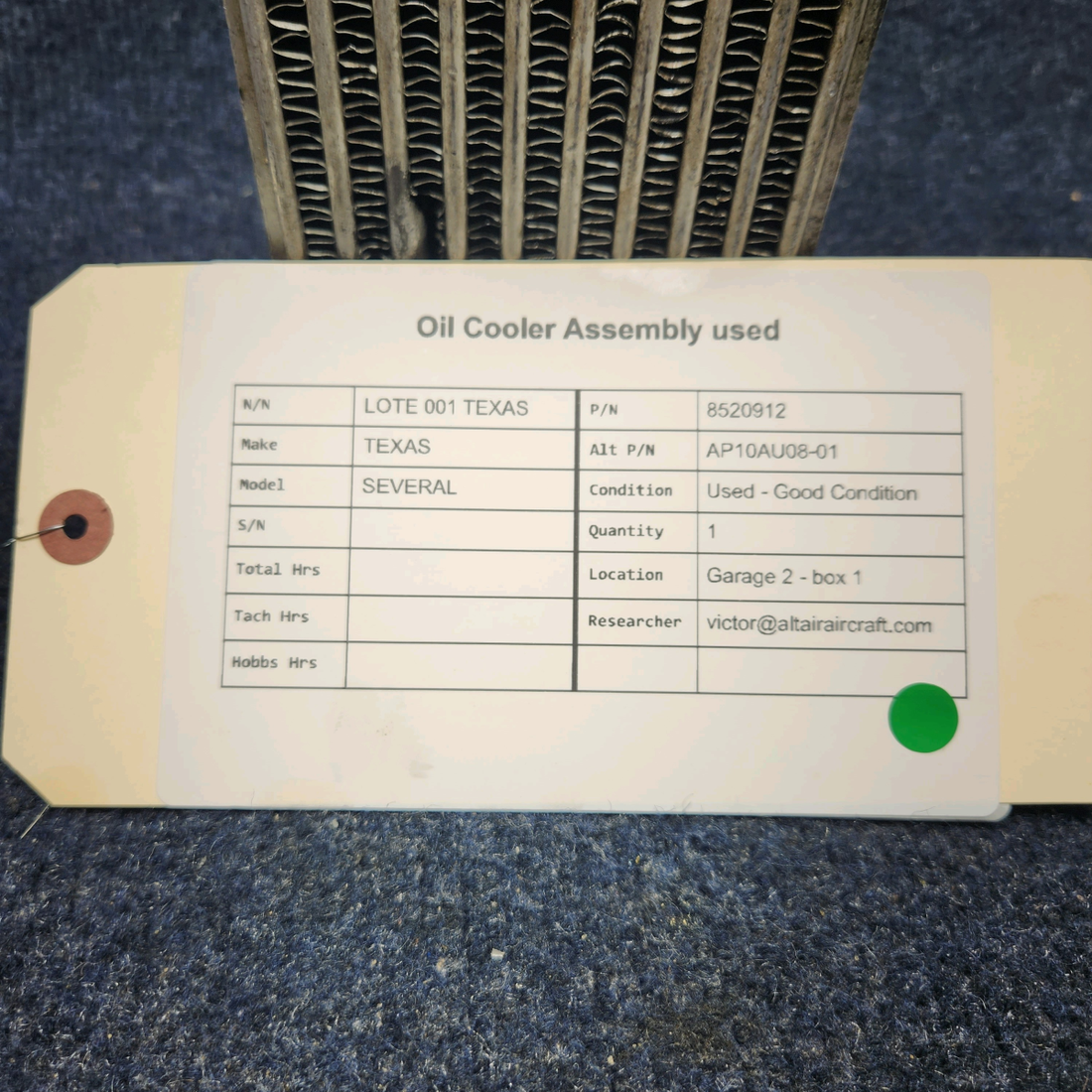 Used aircraft parts for sale, 8520912 Texas Several OIL COOLER ASSEMBLY USED