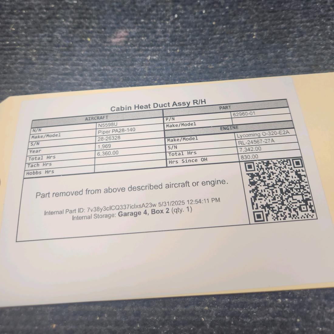 Used aircraft parts for sale, 62960-01 Piper PA28-140 Cabin Heat Duct Assy R/H