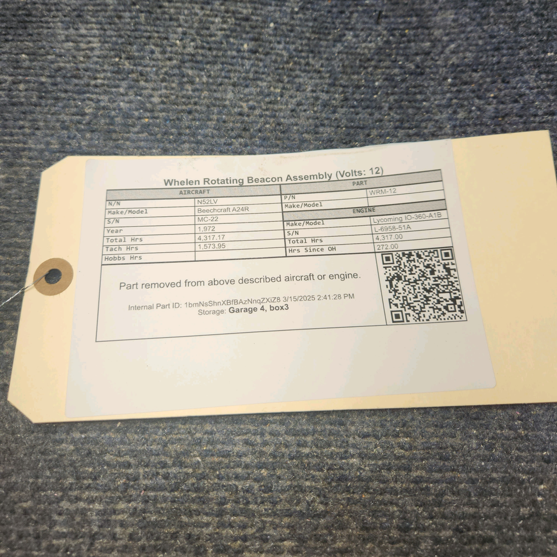 Used aircraft parts for sale, WRM-12 WHELEN Beechcraft A24R Rotating Beacon Assembly (Volts: 12)
