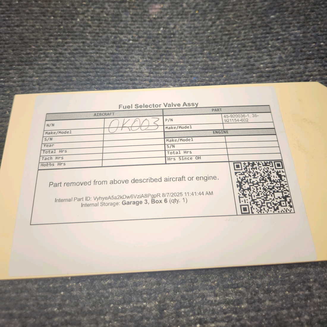 Used aircraft parts for sale, 45-920036-1 Beechcraft Fuel Selector Valve Assy