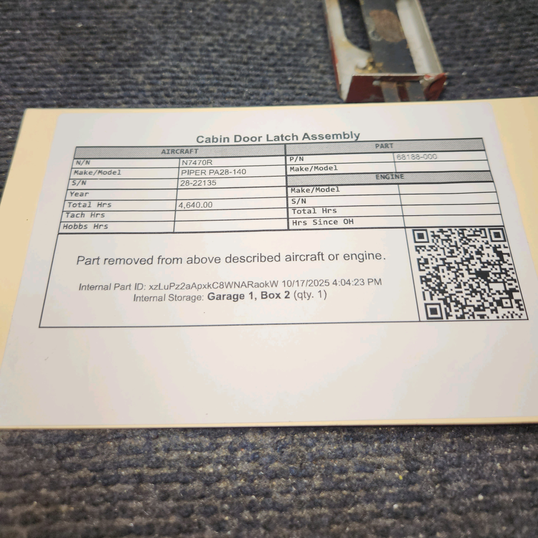 Used aircraft parts for sale, 68188-000 PIPER PA28-140 Cabin Door Latch Assembly