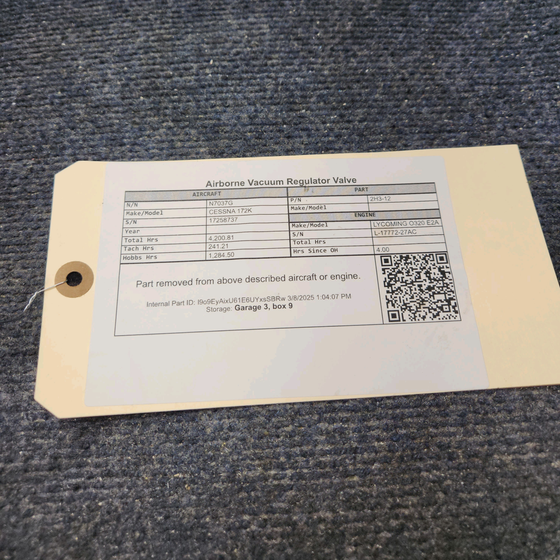 Used aircraft parts for sale, 2H3-12 CESSNA 172K Airborne Vacuum Regulator Valve
